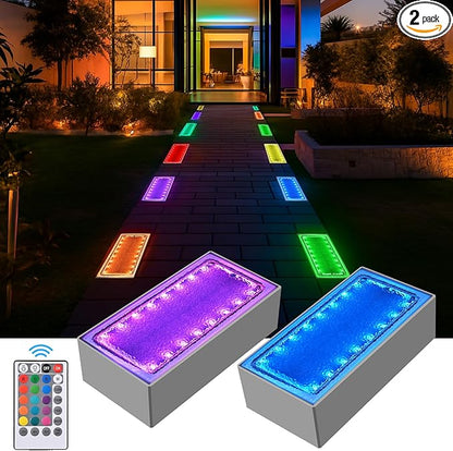 Solar Paver Color Changing Lights, 8x4 Solar Pavers Light Outdoor, Recessed Brick Pathway Lights, IP67 Waterproof Landscape Lighting for Ground,Walkway, Garden, Pool, Patio, Driveway,2 Pack (RGBW)