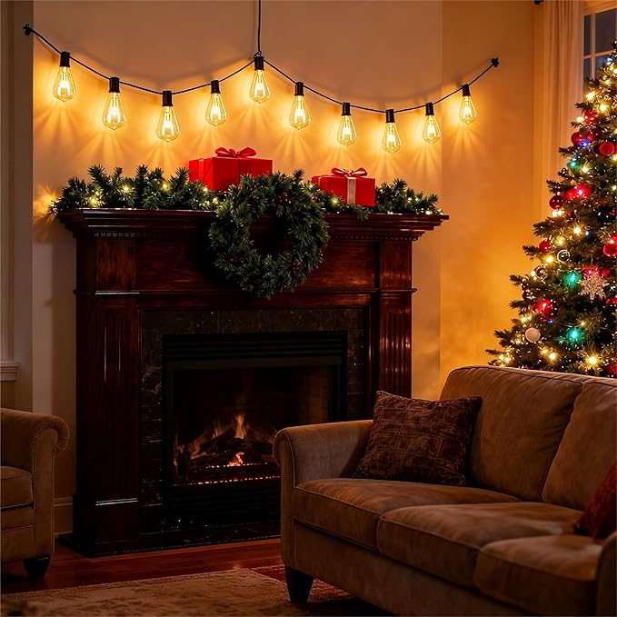 Elevon Led Light Bulb Outdoor String Lights 25 Ft, Waterproof Christmas Lights Patio ST38 Vintage Edison Bulbs (1 Spare), Outside Warm White Hanging Shatterproof Light Waterproof