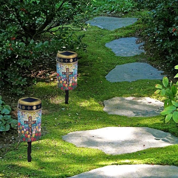 Garden Decor Solar Light Cross Tulip Outdoor Stake Patio Yard Lawn Porch Pathway Grave Solar Lights for Cemetery Outside Waterproof Decorations