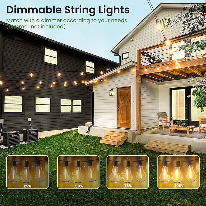 Outdoor String Lights 50FT LED String Lights for Outside with 27 A39 Waterproof Edison Bulbs (2 Spare), Patio | Lumora
