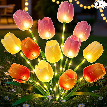 Solar Tulip Lights Outdoor: 3-Pack Solar Flower Garden Lights with Bendable Stems - IP65 Waterproof 800mAh for 12H Lighting - Auto On/Off Garden Decor - Gifts for Mom - Orange Pink Yellow