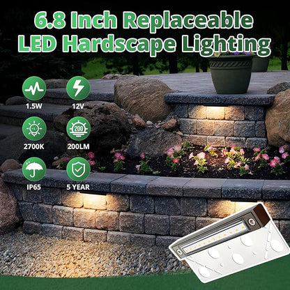 GKOLED 6.8 Inch LED Low Voltage Outdoor Hardscape Light, Light Module Replaceable, Retaining Paver Wall Step Lighting, 2700K 1.5W, IP65 for Wet Location, Die-cast Aluminum Housing