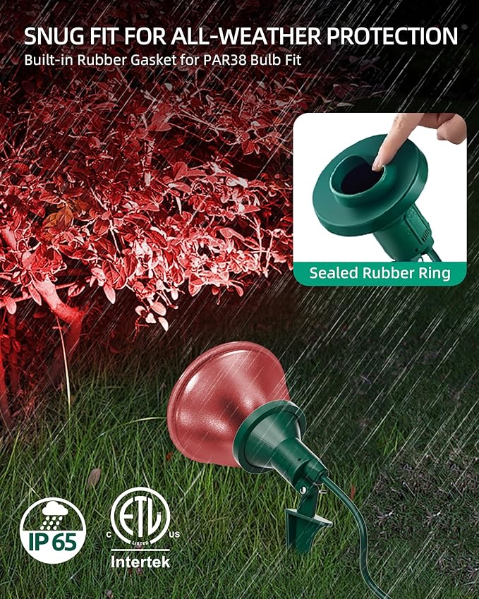 Outdoor Flood Light Holder with Ground Stake, Plug-in Waterproof Spotlight Fixture, PAR38 Compatible, E26 Socket | Lumora