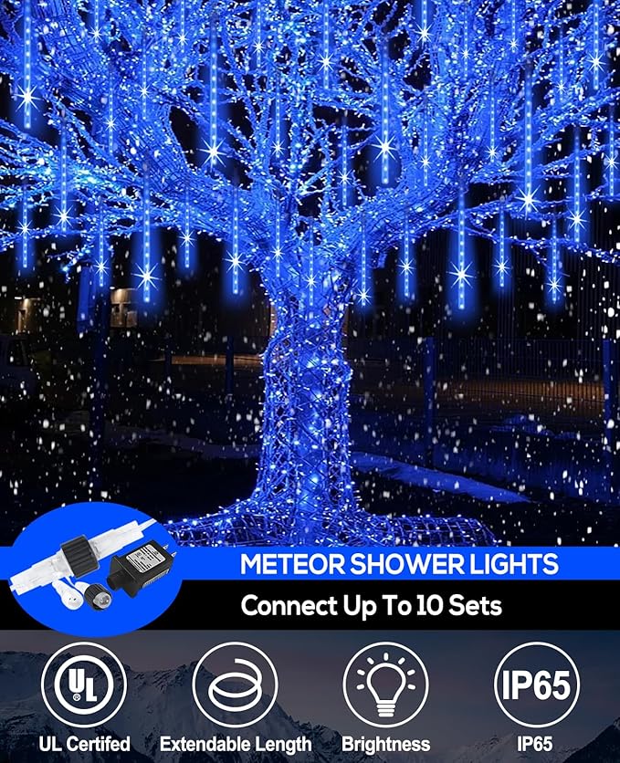 Meteor Shower Lights Outdoor Christmas Lights UL Certified Falling Rain Drop Snowfall Icicle Cascading String Light for Xmas Holiday Tree Wedding Party Garden Decor Blue, 12 Inch 10 Tubes