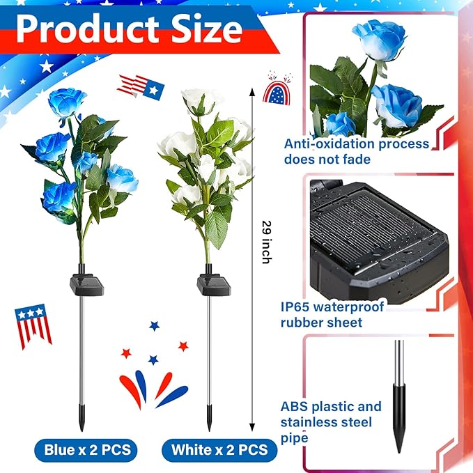 Woanger 4 Pcs Solar Flowers Cemetery Grave Decorations Outdoor LED Flower Lights with 6 Rose Powered Garden Stake Lights Waterproof for Independence Day 250 Anniversary USA Decorations(Blue, White)