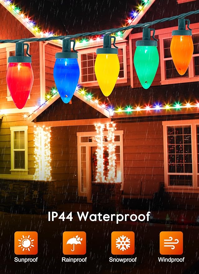 C9 Christmas Lights Outdoor, 50Feet Vintage Christmas String Lights with 50 Colored Bulbs, Connectable Waterproof Lights for Holiday Party Roofline Backyard Garden Patio, Green Wire (Multicolor)