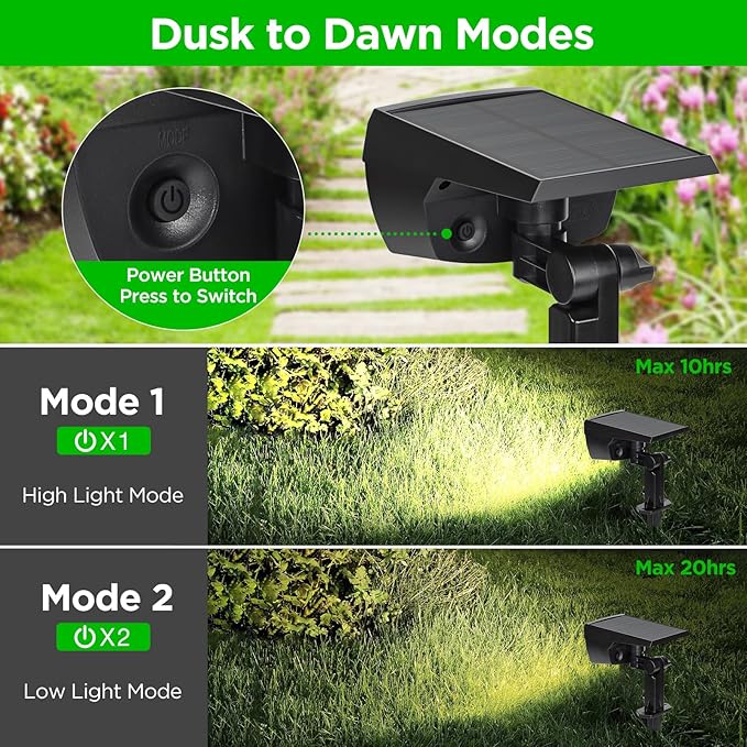 ropelux Solar Spotlights Outdoor,Solar Lights for Outside Dusk-to-Dawn with 2 Modes Pathway Landscape Wall Lighting,2-in-1 Solar Powered Light Waterproof with Adjustable Lamp Head and Solar Panel