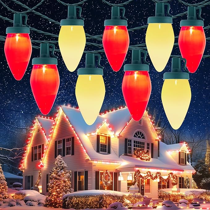 Moonflor Vintage C9 LED Christmas Lights Outdoor, 50 Feet C9 String Lights for Christmas Tree Roofline Holiday Party Indoor Outdoor Garden Patio Backyard Cafe Xmas Decor, Green Wire(Red & Warm White)