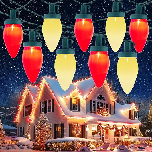 Moonflor Vintage C9 LED Christmas Lights Outdoor, 50 Feet C9 String Lights for Christmas Tree Roofline Holiday Party Indoor Outdoor Garden Patio Backyard Cafe Xmas Decor, Green Wire(Red & Warm White)