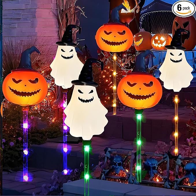 6Pack Halloween Solar Garden Pathway Lights Outdoor Landscaped LED Lighted Path Solar Powered Pumpkin Ghosts with | Lumora