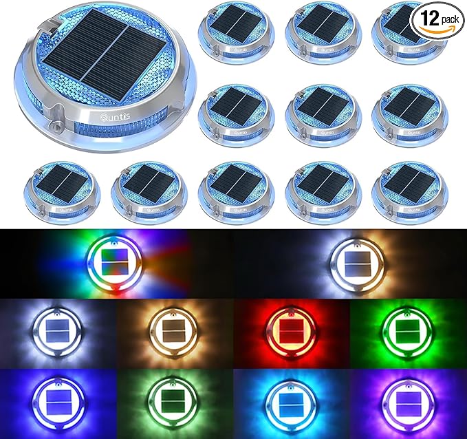Quntis 12 Pack Outdoor Solar Deck Lights Multicolored - 11 Lighting Modes Aluminum Alloy Solar Driveway Maker - IP68 Outdoor Waterproof Dock Marine Lights for Warning Step Sidewalk Pathway Garden
