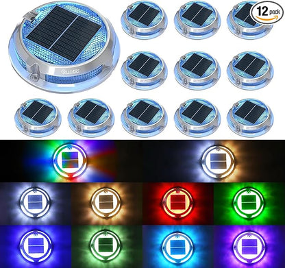 Quntis 12 Pack Outdoor Solar Deck Lights Multicolored - 11 Lighting Modes Aluminum Alloy Solar Driveway Maker - IP68 Outdoor Waterproof Dock Marine Lights for Warning Step Sidewalk Pathway Garden