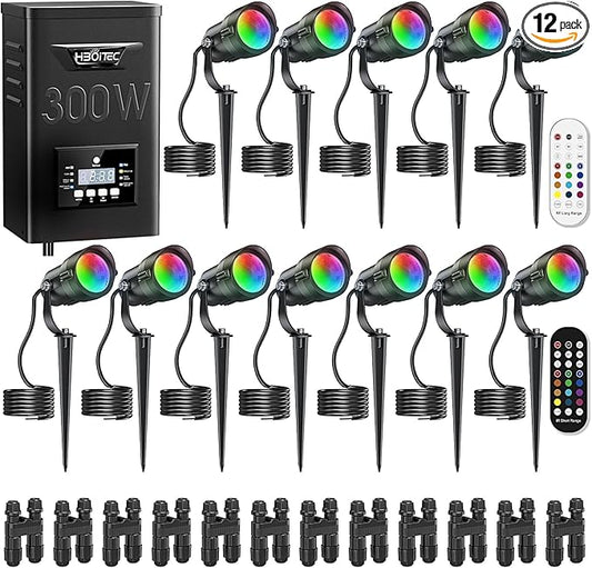 HIBOITEC RGBW Low Voltage Landscape Lighting 12W with 300W Transformer Remote Connectors Spotlights Landscape Lights Kit 12-24V AC/DC Waterproof for House Yard Outdoor Christmas 12Pack