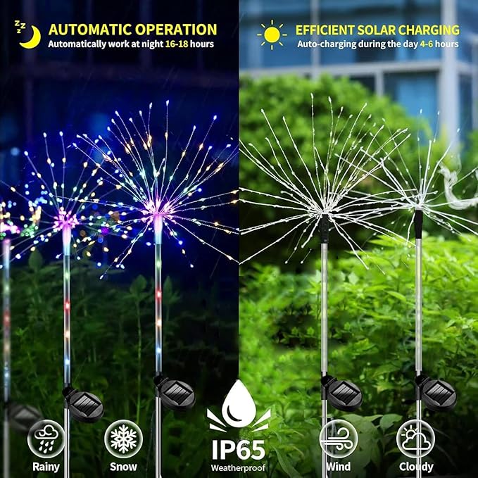 4 Pack LED Outdoor Solar Colorful Fireworks Lights, Gradient Garden Atmosphere Decorative Path Lights, 2 Modes Waterproof DIY Courtyard Decor
