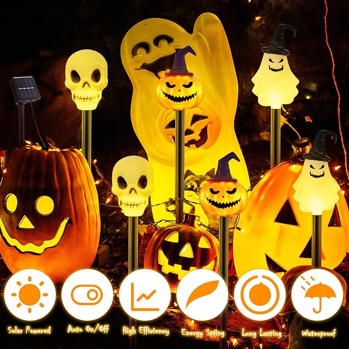 6 Pack Halloween Decorations Outdoor Solar Stake Lights Halloween Lights Waterproof for Garden Patio Yard Pathway Grave Lawn Porch Party Decor(White Skull)