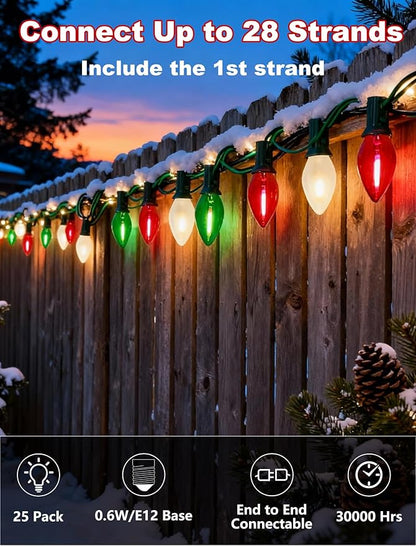 25FT Red Green White Christmas Lights,Multicolor LED C7 Christmas String Lights with 27 LED Bulbs,Dimmable Hanging Lights Candle for Outside Porch Garden Roofline Party Decor