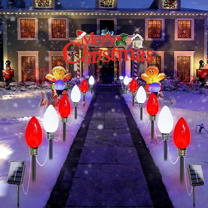 12-Pack Jumbo C9 Red White Solar Christmas Lights, Upgraded 12LED Outdoor Christmas Decorations, Solar Powered | Lumora