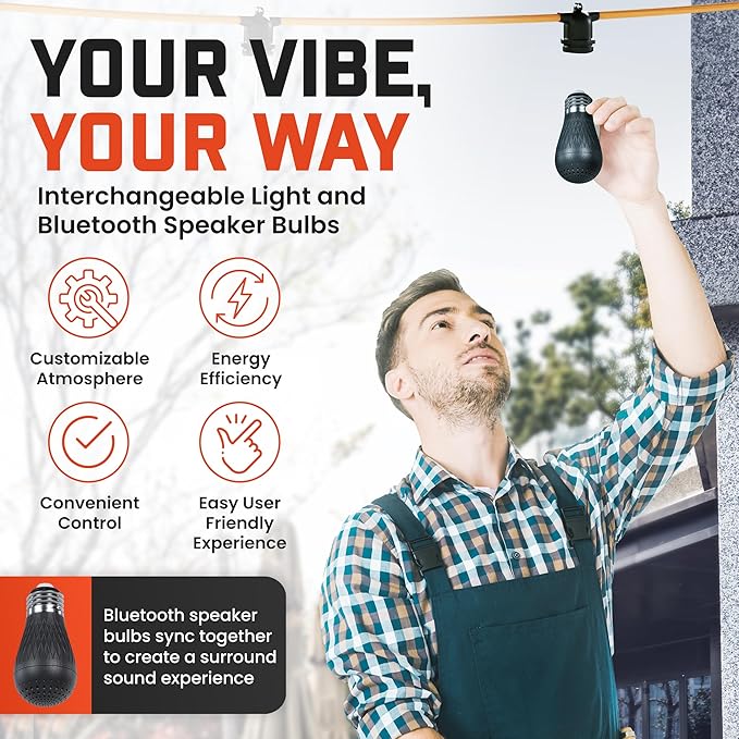 Freespirit Recreation 16.5FT Waterproof Outdoor String Lights - 3 Bluetooth Speaker Outdoor Party Lights with 7 LED Light Bulbs - Perfect for 12V DC, Hanging Lights for Outside Deck Porch & More