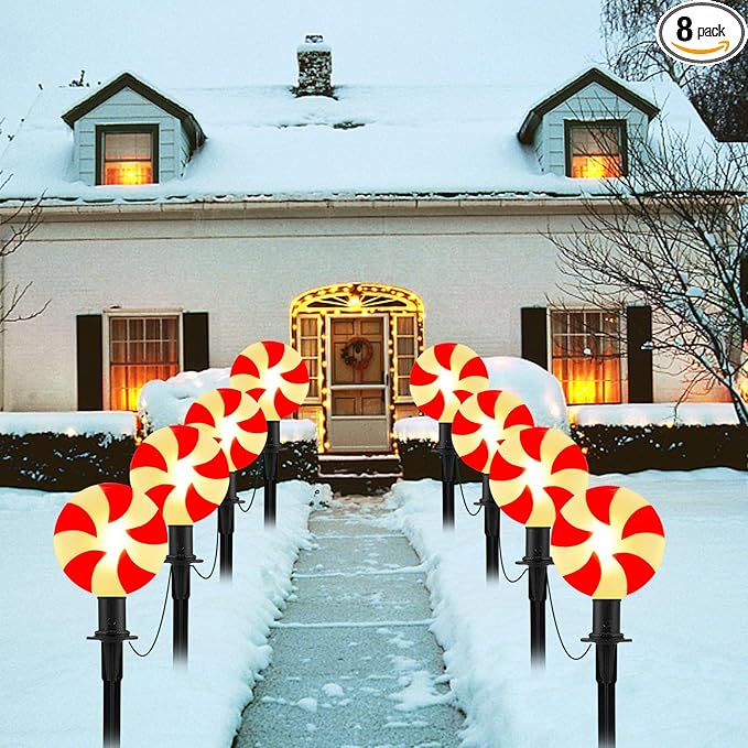 Christmas Lollipop Pathway Lights, 2 Sets 7Ft Christmas Pathway Lights Outdoor with 8 Candy Cane Markers Stake Lights, Candy Cane Landscape Path Lights for Outdoor Lawn, Garden, Yard, Sidewalk