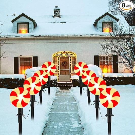 Christmas Lollipop Pathway Lights, 2 Sets 7Ft Christmas Pathway Lights Outdoor with 8 Candy Cane Markers Stake Lights, Candy Cane Landscape Path Lights for Outdoor Lawn, Garden, Yard, Sidewalk