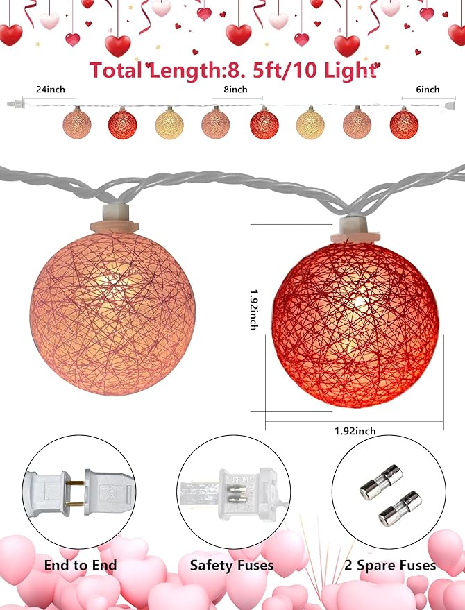 Red Pink and White Cotton Ball String Lights, 8.5Ft Valentine’s Day Decorative Fairy Lights Plug in with 10 Colorful Lantern, Hanging Cotton Globe Lights for Bedroom Wedding Party Home Birthday Decor