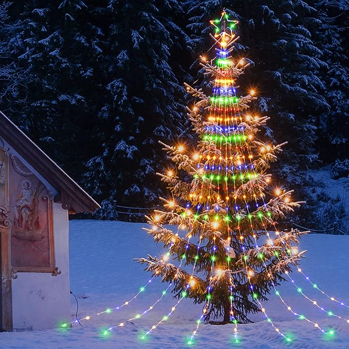 Christmas Decorations Star String Lights - 344 LED Waterfall Tree Lights with 11" Topper Iron Star Christmas Lights Indoor Outdoor Decorative for Wedding Party Home Holiday Decoration, Muitlcolor