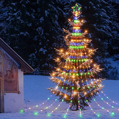 Christmas Decorations Star String Lights - 344 LED Waterfall Tree Lights with 11" Topper Iron Star Christmas Lights Indoor Outdoor Decorative for Wedding Party Home Holiday Decoration, Muitlcolor