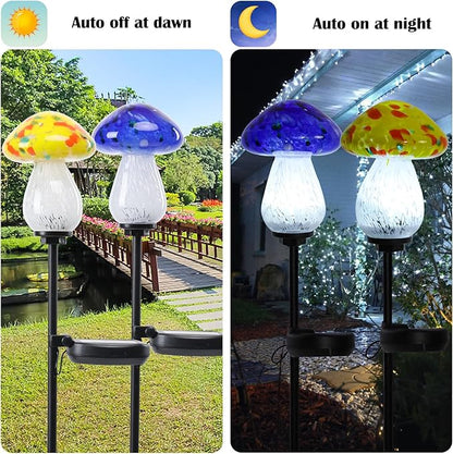 Afirst Solar Outdoor Lights Decorative Solar Glass Mushroom Lights Waterproof LED Waterproof Garden Stake Light for Walkway Pathway Lawn Patio Yard Decorations 2 Pack Yellow&Blue