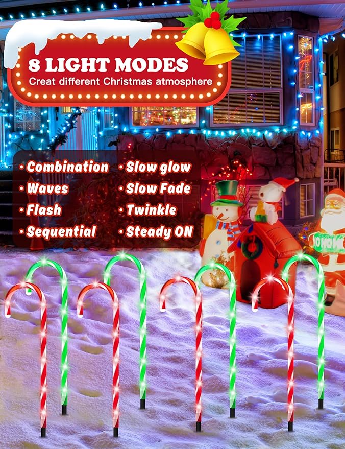 ZHAHA Solar Christmas Pathway Lights Outdoor Decorations, Solar Candy Cane Lights for Yard Patio Garden Walkway with 8 Light Mode, Remote, Timer, 48 LED, Upgraded Christmas Outdoor Decorations, 8 Pack