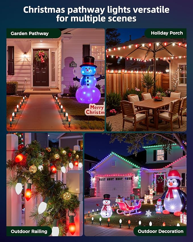 Frosted C9 Christmas Lights Outdoor, 25.7 Ft Christmas Pathway Lights with 20 LED Bulbs and Stakes, Connectable | Lumora