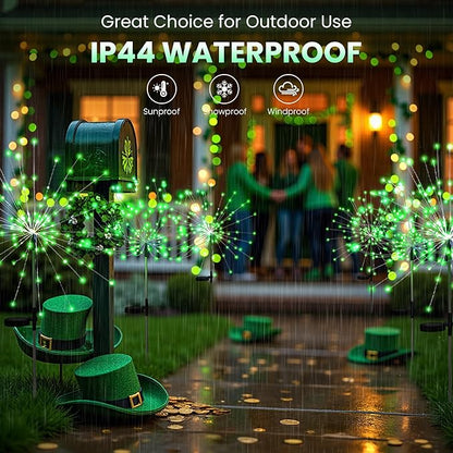 6 Pack St. Patrick's Day Solar Lights Outdoor, Solar Garden Lights Outside Fairy Firework Decorative,Solar Powered for Wedding,Yard Pathway Party Balcony Patio Decor (Green