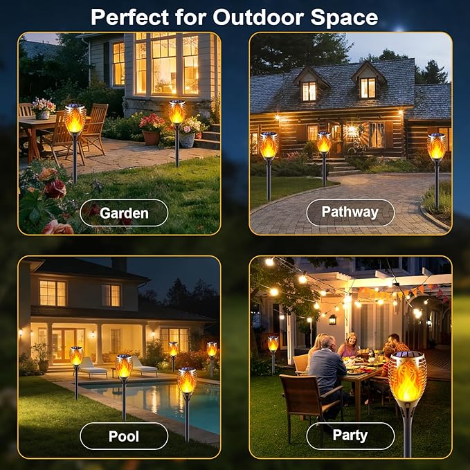 Solar Torch Lights with Flickering Flame, Fire Effect Garden Light, Auto On/Off Dust to Dawn, Outdoor Waterproof Landscape Decoration, Solar Powered Security Torch Light for Patio, 4 Pack