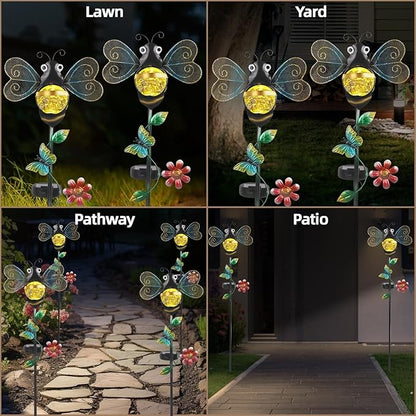 Solar Bee Garden Stakes Lights Outdoor Waterproof Metal Garden Stakes Decorative Bee Decor for Outside Yard Lawn Patio Decorations Whimsical Solar Lights Outdoor Housewarming Gardening Gifts for Women