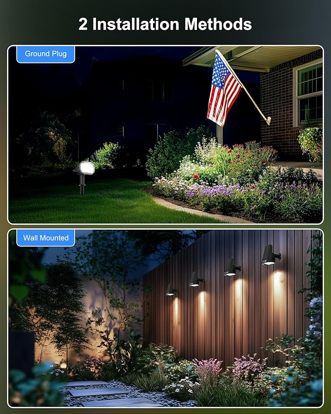 Brightown 4Pack Solar Spot Lights Outdoor with 58 LED & 1800mAh, IP67 Solar Lights Outdoor Waterproof with 3 Light | Lumora