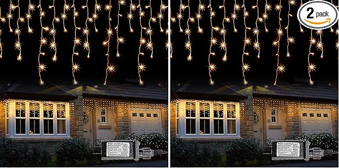 Dazzle Bright 360 LED Christmas Icicle Lights, 29.5 FT 8 Modes Curtain Fairy Lights with 60 Drops, Connectable Xmas String Lights for Outside Holiday Wedding Party Decorations (Warm White) (Pack of 2)