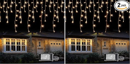 Dazzle Bright 360 LED Christmas Icicle Lights, 29.5 FT 8 Modes Curtain Fairy Lights with 60 Drops, Connectable Xmas String Lights for Outside Holiday Wedding Party Decorations (Warm White) (Pack of 2)