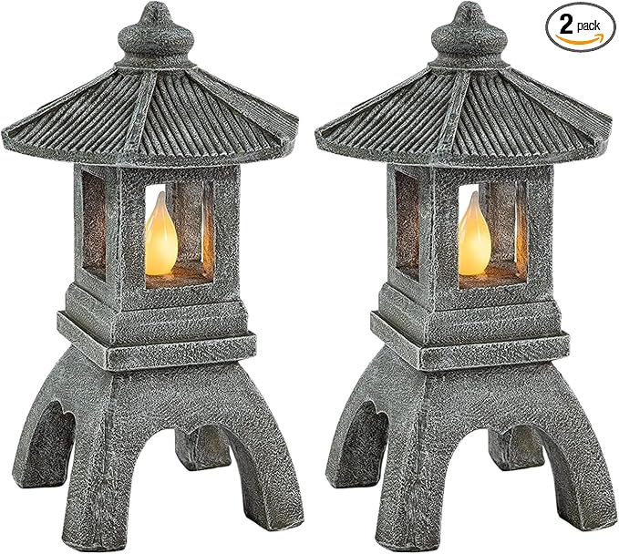 VP Home Pagoda Garden Statue, Solar Powered Statue Japanese Garden Decor, Outdoor Zen Garden Lantern, Flickering LED Garden Light (Tranquil Pagoda) (Pack of 2)