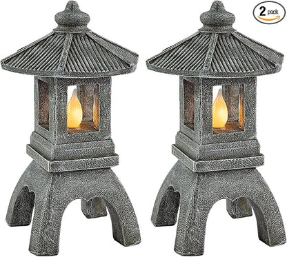 VP Home Pagoda Garden Statue, Solar Powered Statue Japanese Garden Decor, Outdoor Zen Garden Lantern, Flickering LED Garden Light (Tranquil Pagoda) (Pack of 2)