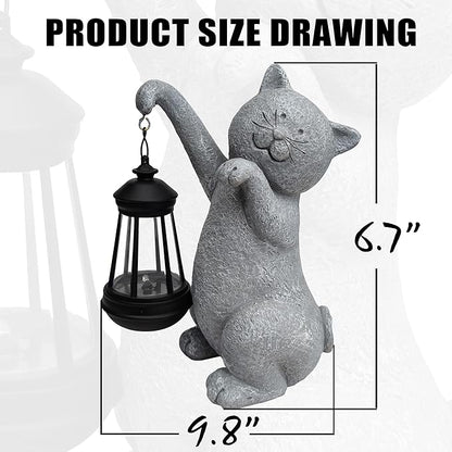 Cat Solar Garden Statues,Resin Cat Figurine Decorations with Solar Lights Lantern, Outdoor，Statue Decor Art for Lawn,Yard,Unique Housewarming Gift for Garden Home