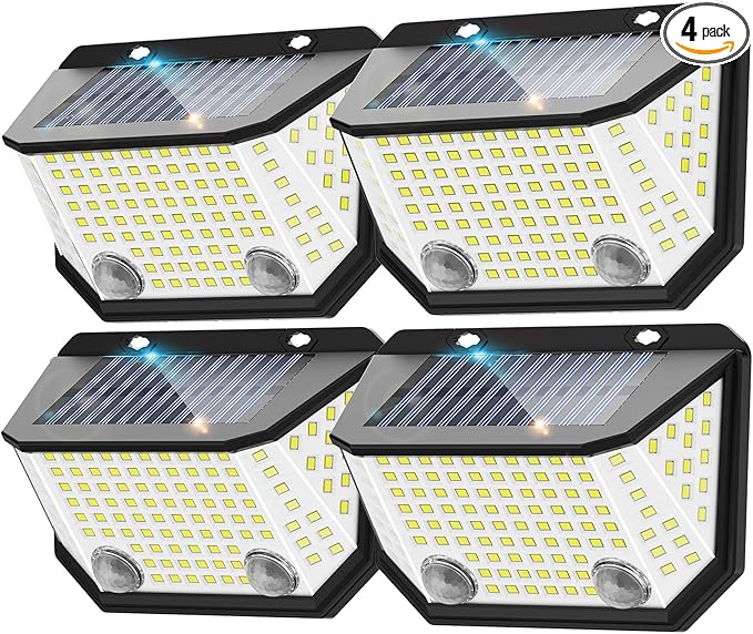 Kasonic Solar Lights Outdoor, 122 LEDs Wider Motion Sensor Lights with 300°Wide Angle, Ultra-Bright Solar Security Wall Lights for Outside Garden Patio Fence Stairway, Cool White-4 Pack