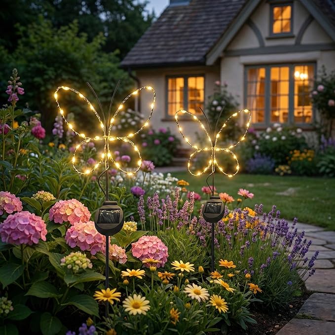 Touch Of ECO Outdoor Solar Powered LED Decorative Garden Stake Light - 2 Pack Warm White Butterfly Design - Great Decor for Yard, Patio, Lawn, Planter-Makes a Great Gift