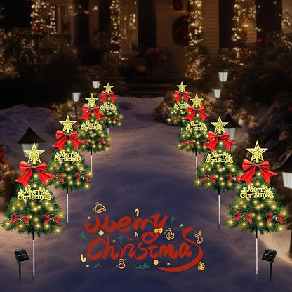 4 Pack Christmas Tree Solar Pathway Lights Outdoor Decorations, Waterproof Artificial Mini Xmas Tree Stake Lights with DIY Ornamets for Garden Yard Porch Decor (Green Tree)