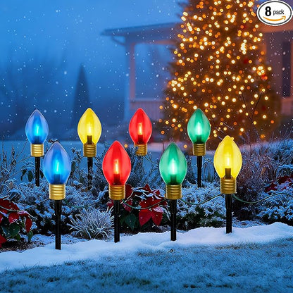 2 Pack 7FT LED Jumbo C9 Christmas Lights Pathway,4 Christmas Walkway Lights with Pathway Marker Stakes,Jumbo Clear Multicolor Big Light Bulb for Driveways Garden Holiday Christmas Decor