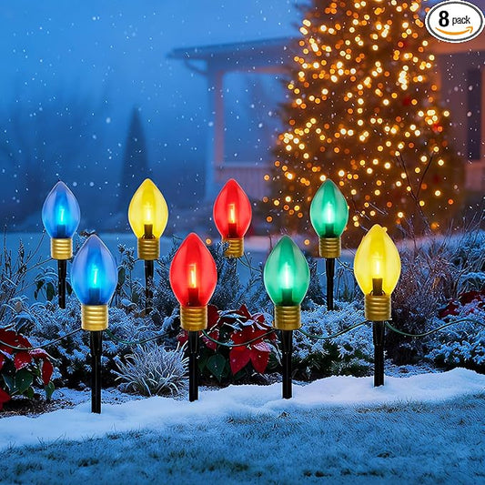 2 Pack 7FT LED Jumbo C9 Christmas Lights Pathway,4 Christmas Walkway Lights with Pathway Marker Stakes,Jumbo Clear Multicolor Big Light Bulb for Driveways Garden Holiday Christmas Decor