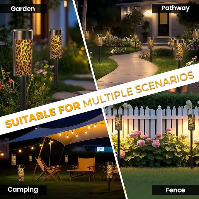4 Pack Solar Pathway Lights Outdoor Waterproof Animal Skin Leopard Seamless Design Leopard Cheetah Panther Fur Solar Garden Lights LED Landscape Lighting for Yard Walkway Lawn Garden Decor