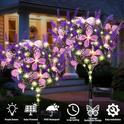 Solar Garden Lights Outdoor, 2 Pack Solar Butterfly Lights Purple Lavender Gardening Gifts for Women, Artificial Flower with Butterfly Purple Garden Decor for Lawn Patio-Warm White
