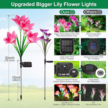 KuBace Solar Outdoor Lights Garden Decor, 6 Pack Upgraded Solar LED Flower Lights with 24 Bigger Lily Flower Lamp, 7 Color Changing Waterproof Solar Powered Flowers for Garden Yard Decor, Gift