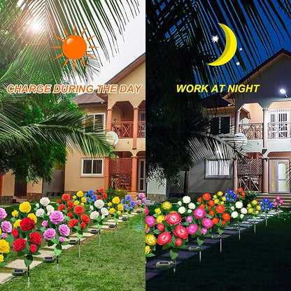 Solar Flower Lights Outdoor - Upgraded New Material Two Modes Realistic LED Solar Powered Waterproof Lights with 5 Roses, Solar Decorative Stake Lights for Garden (Blue, 4 Pack)