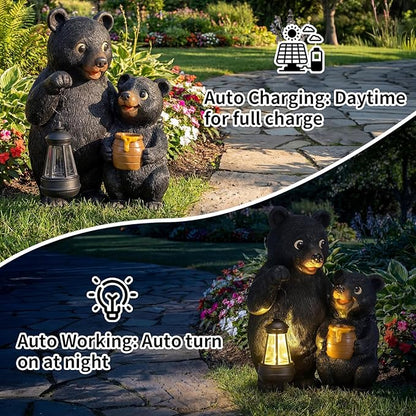 Lavezee Garden Bear Statues, Mother and Baby Bear Figurines with Solar Lantern for Outdoor Porch Yard Lawn, Unique Bear Gifts for Mom Grandma Wowen