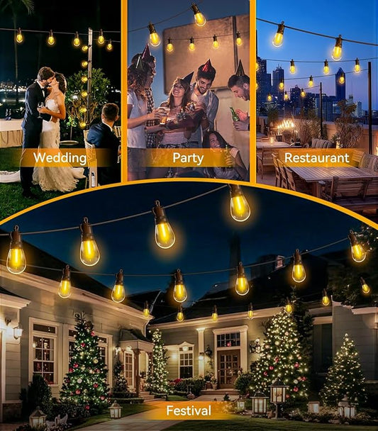 Outdoor-String-Lights-Patio-LED-Light-Outside 50Ft 15M Waterproof Remote Dimmable S14 LED Porch Lighting with 15 Edison Plastic Bulb Hanging Lights Connectable for Backyard Yard Gazebo Party Garden